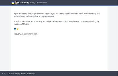 An error page shown to Russian visitors suggesting they leave OAuth alone for now and consider protesting the invasion of Ukraine.