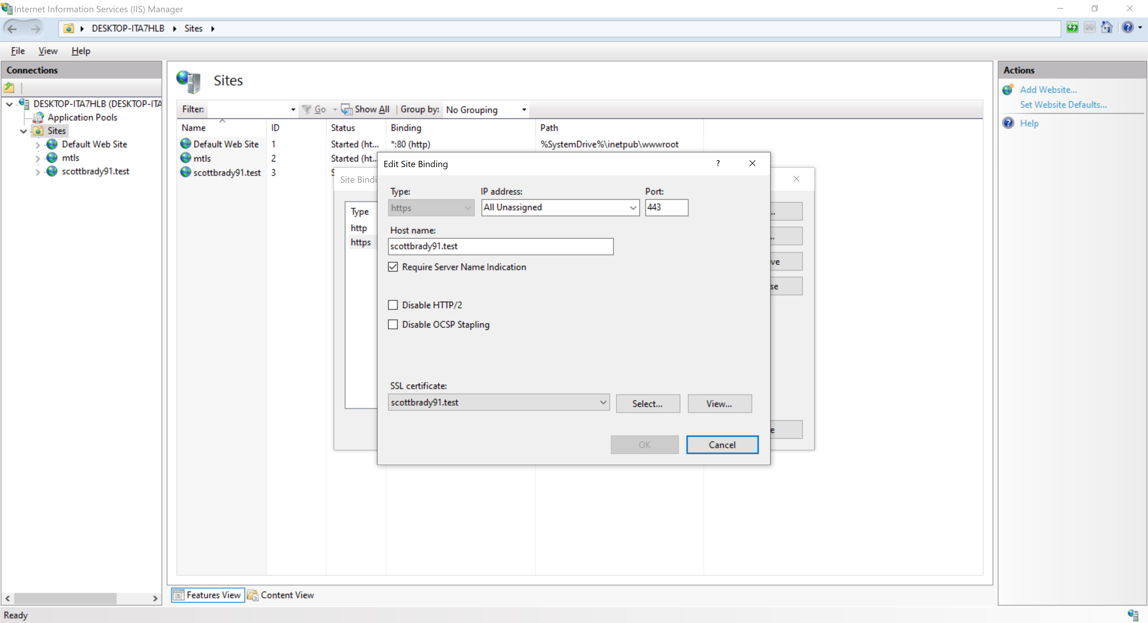 IIS binding setup for scottbrady91.test using an installed cert generated using mkcert