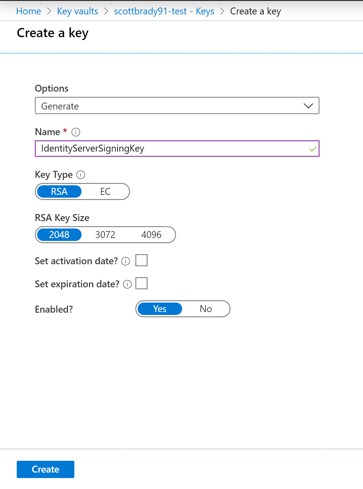 Azure Key Vault portal showing the creation of a new key