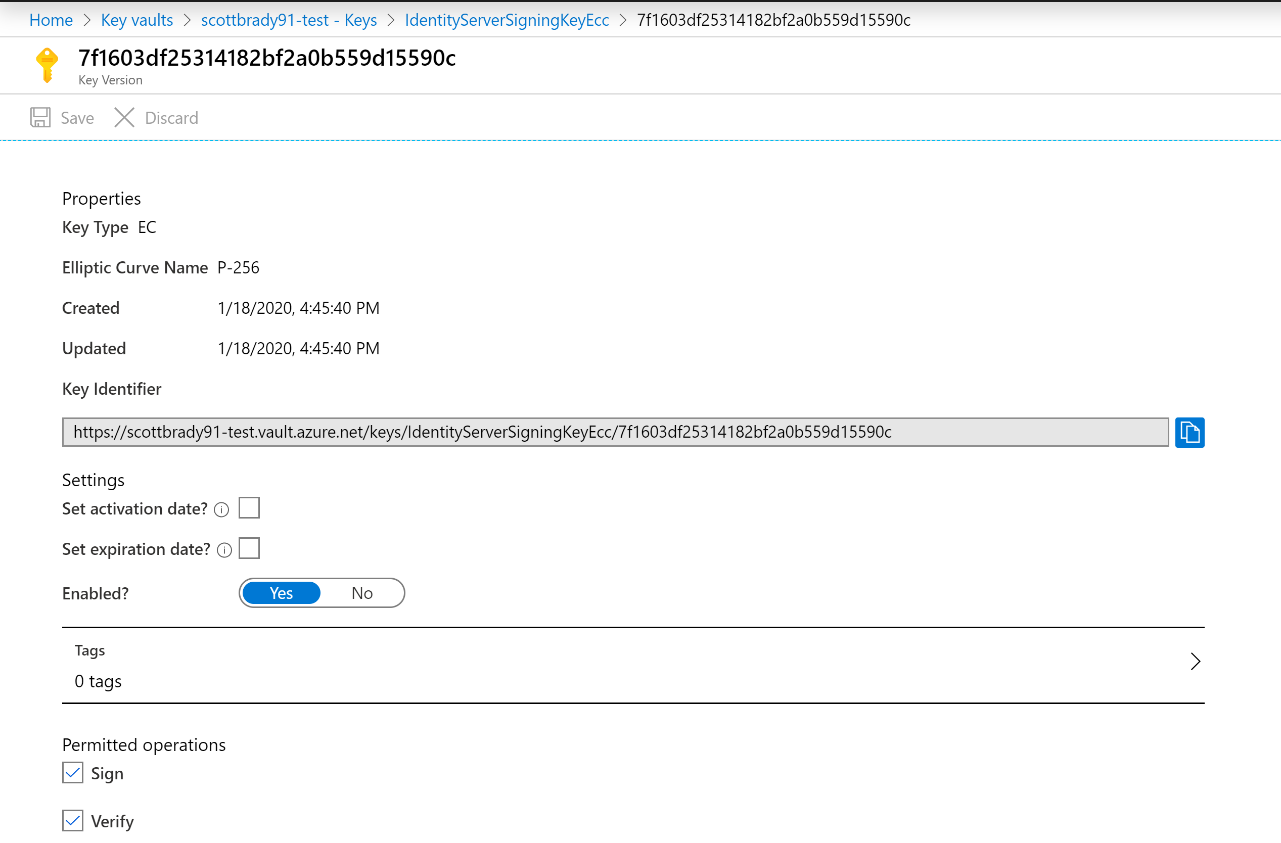 Azure Key Vault portal showing the permissions that a key can perform