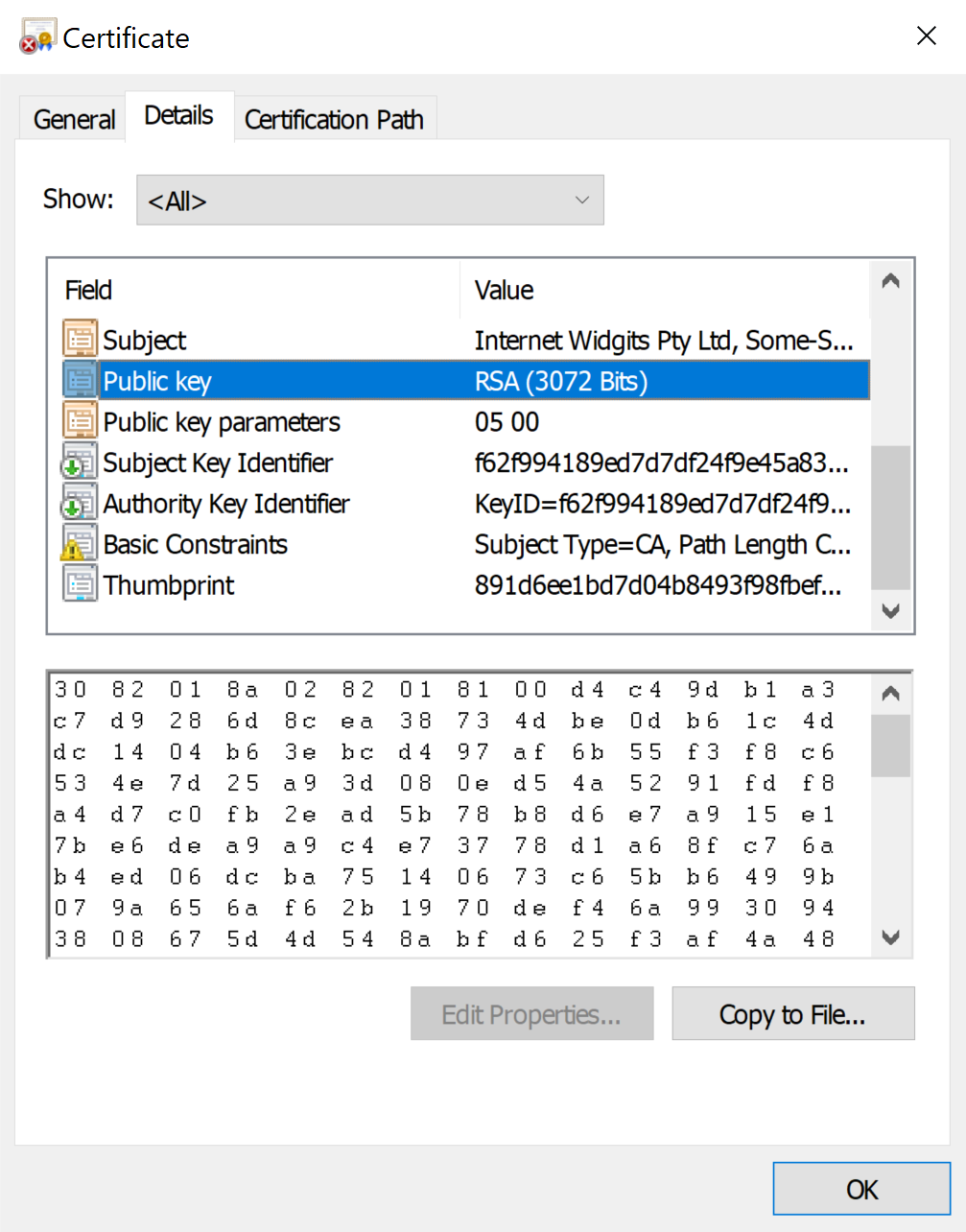 A certificate, opened in Windows 10, showing that the key is for RSA with a key length of 3072 bits.